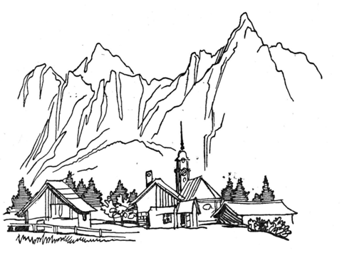 Village At The Foot Of The Mountain Coloring Page