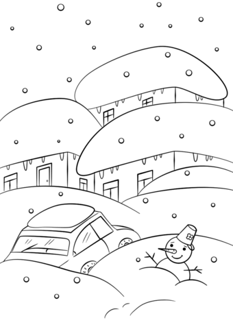 Village In Winter Coloring Page