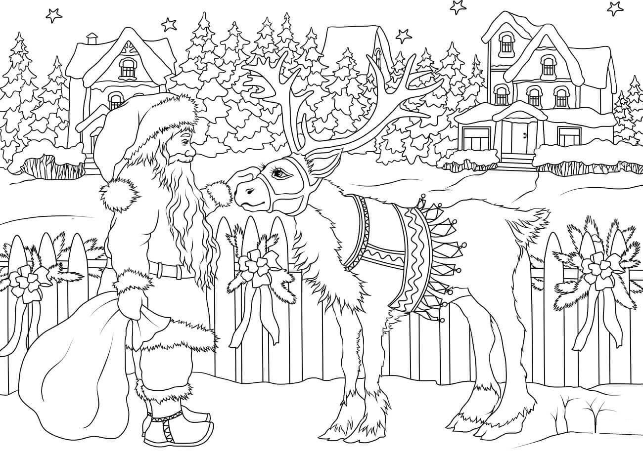 Vintage Santa Claus With His Christmas Deer Christmas Coloring Page