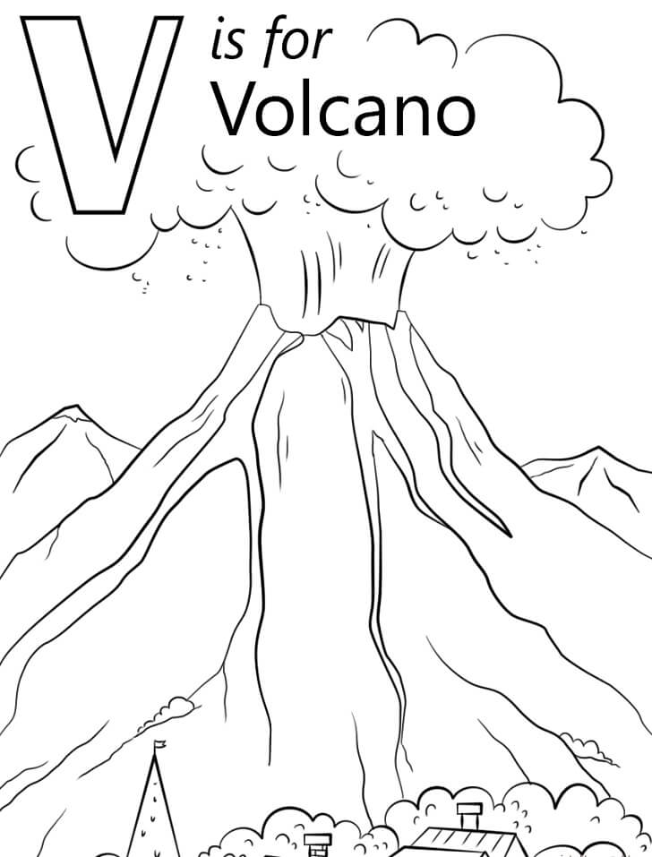 Volcano Letter V Coloring Page