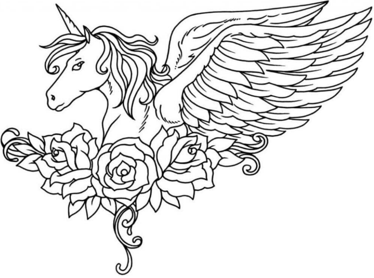 Winged Unicorn And Flowers Coloring Page