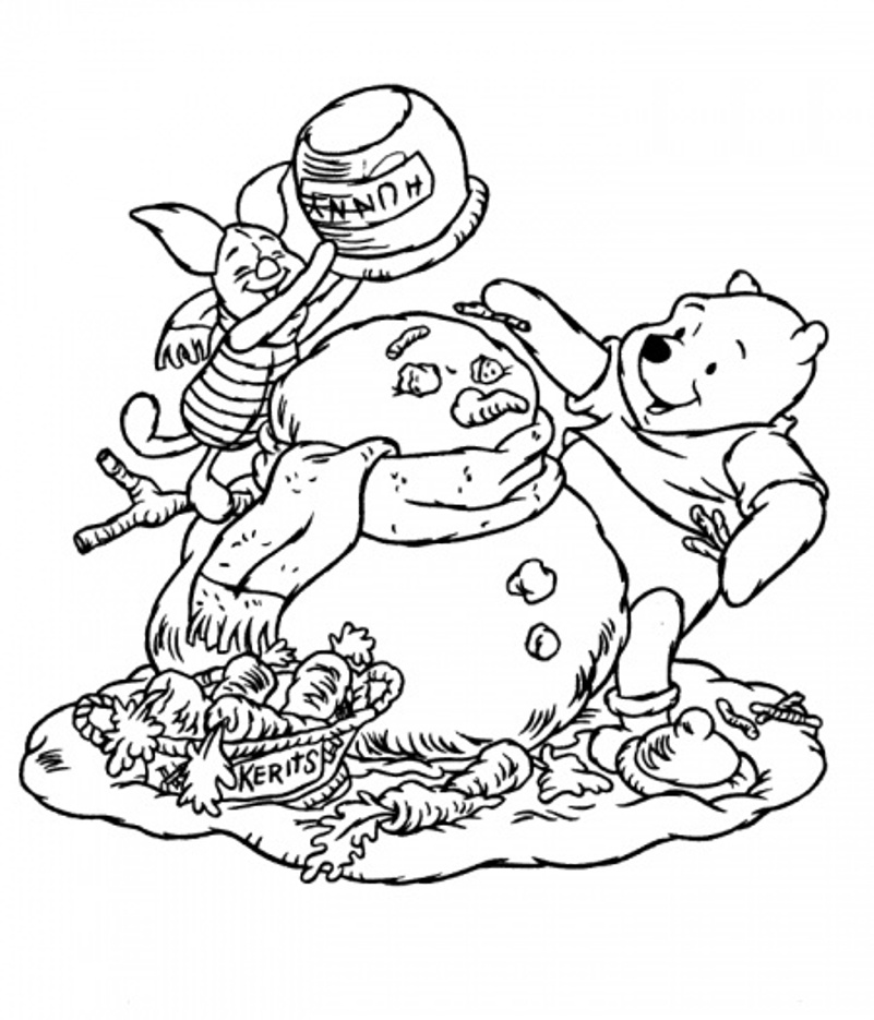 Winter  Pooh And Piglet Making Snowmanb999 Coloring Page