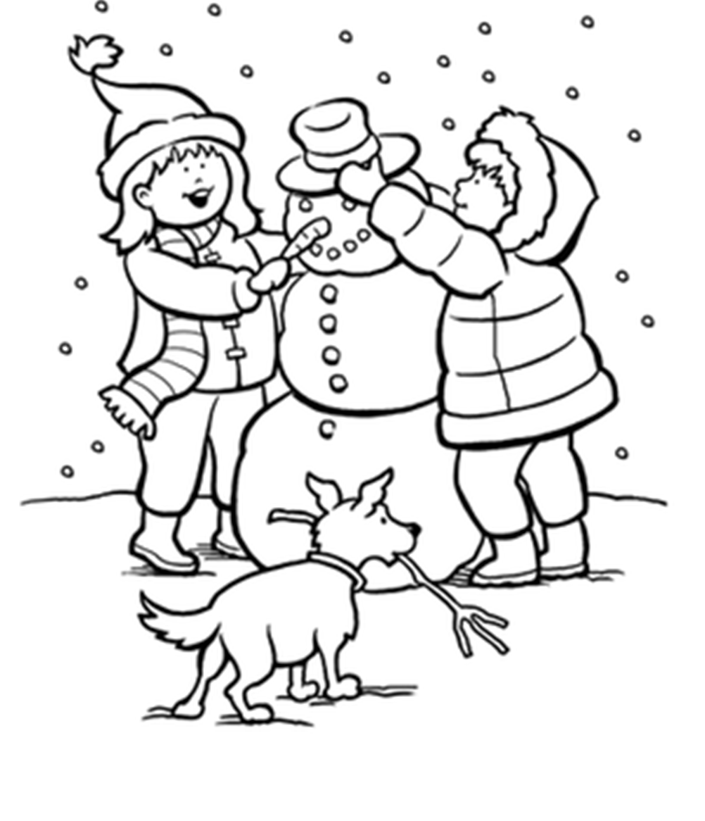 Winter Snow Kids Making Snowman Coloring Page