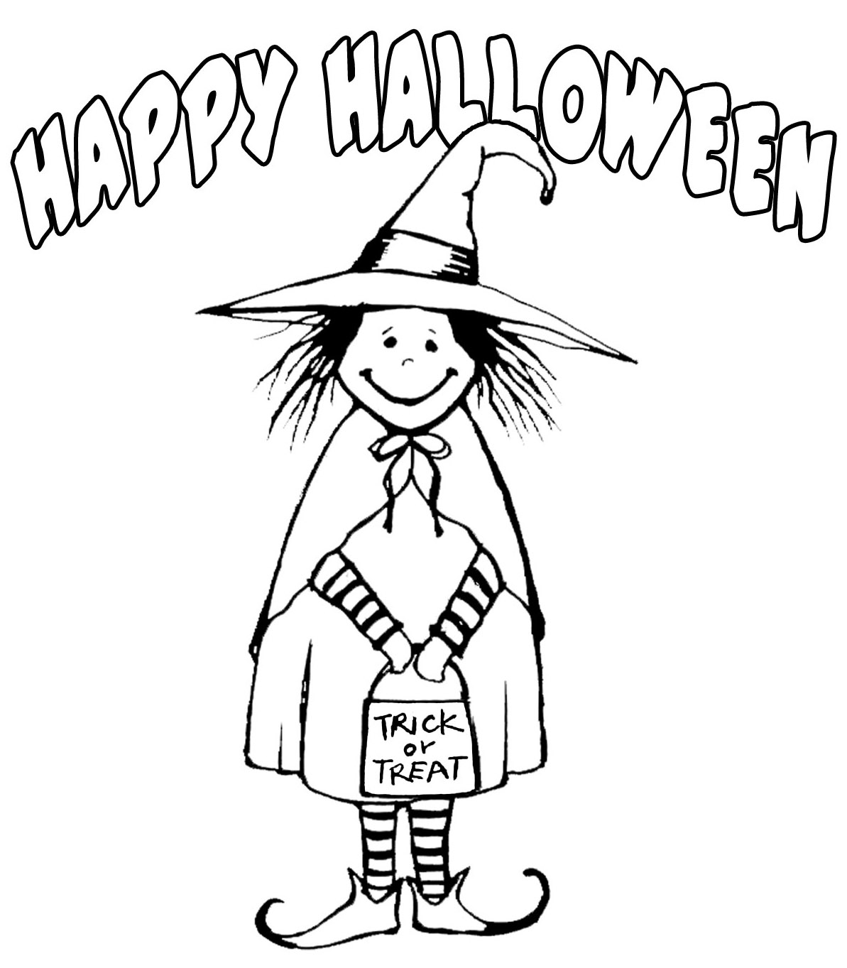 Witch Costume Happy Halloween Printable Free Coloring Page
