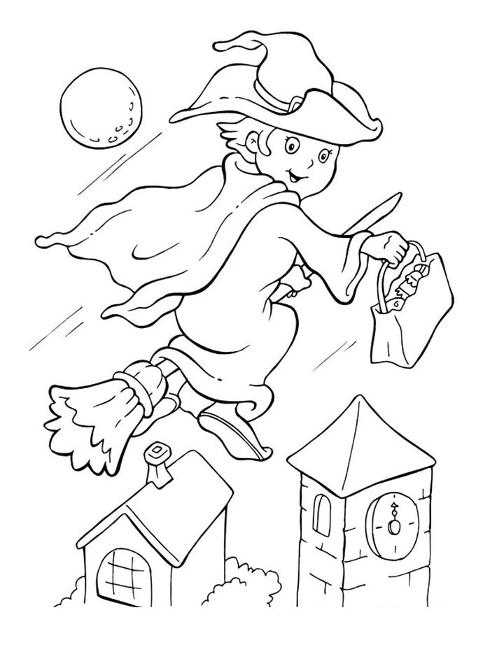Witch Flying Halloween Printable Free Coloring Page