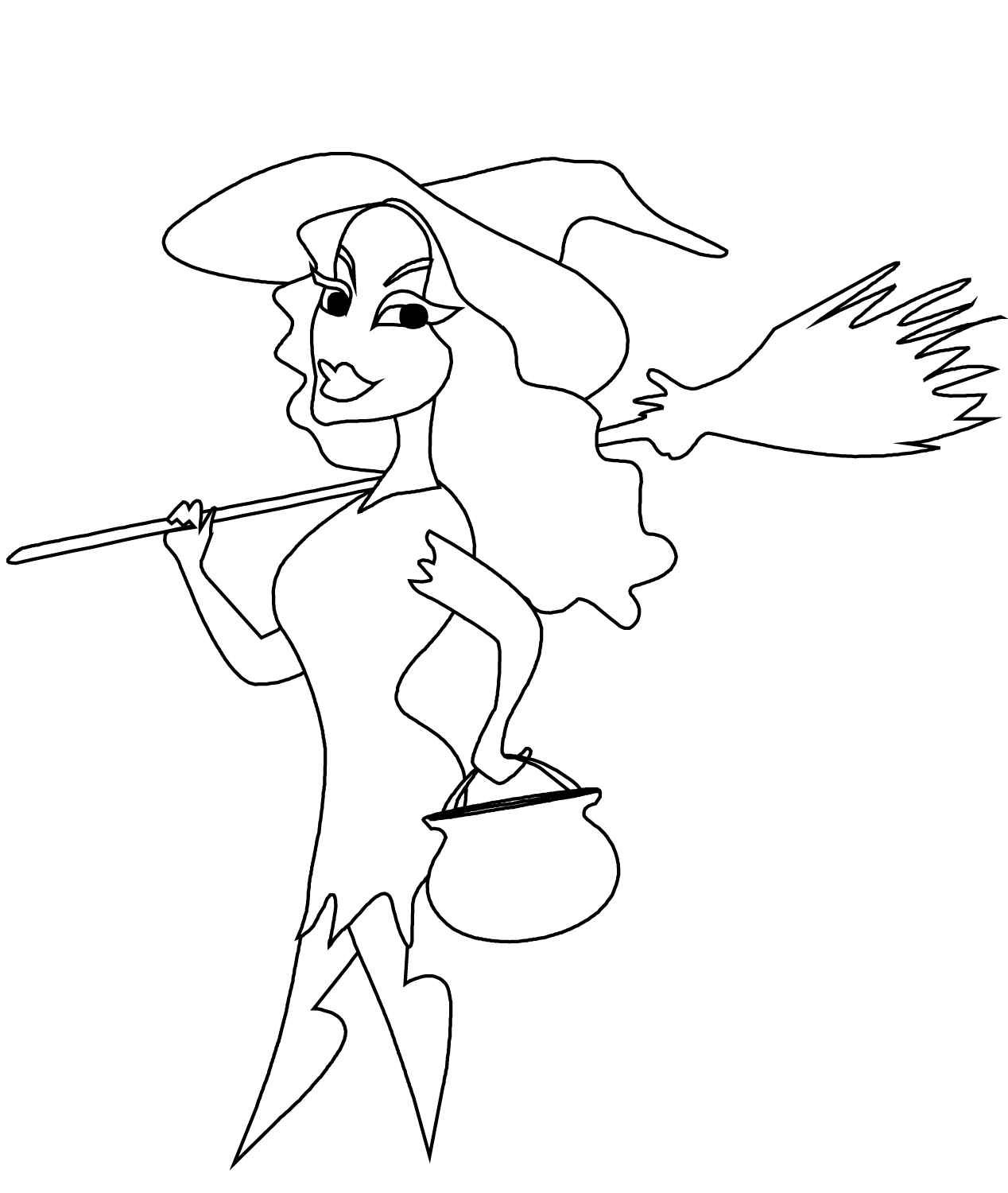 Witch With Broomstick And Cauldron Halloween Coloring Page