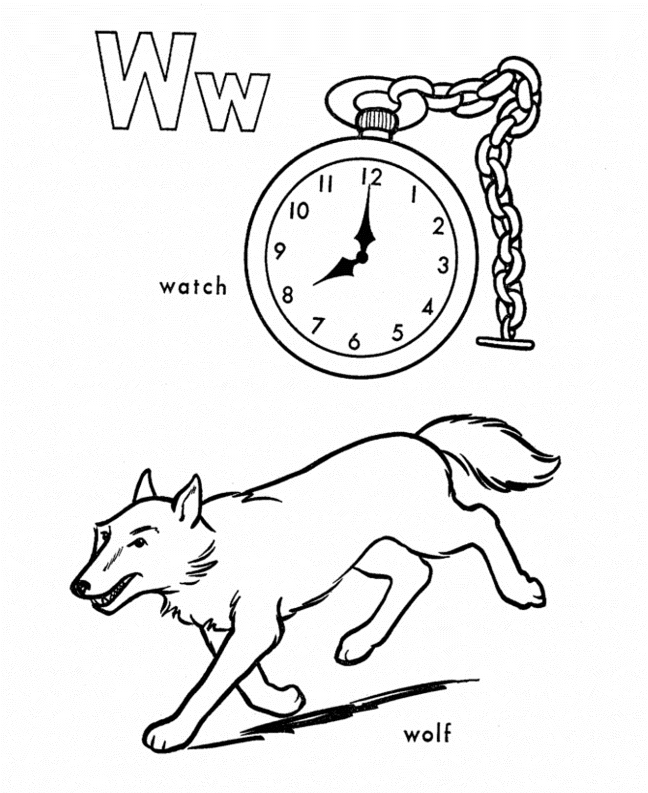 Wolf And Watch Free Alphabet Coloring Page