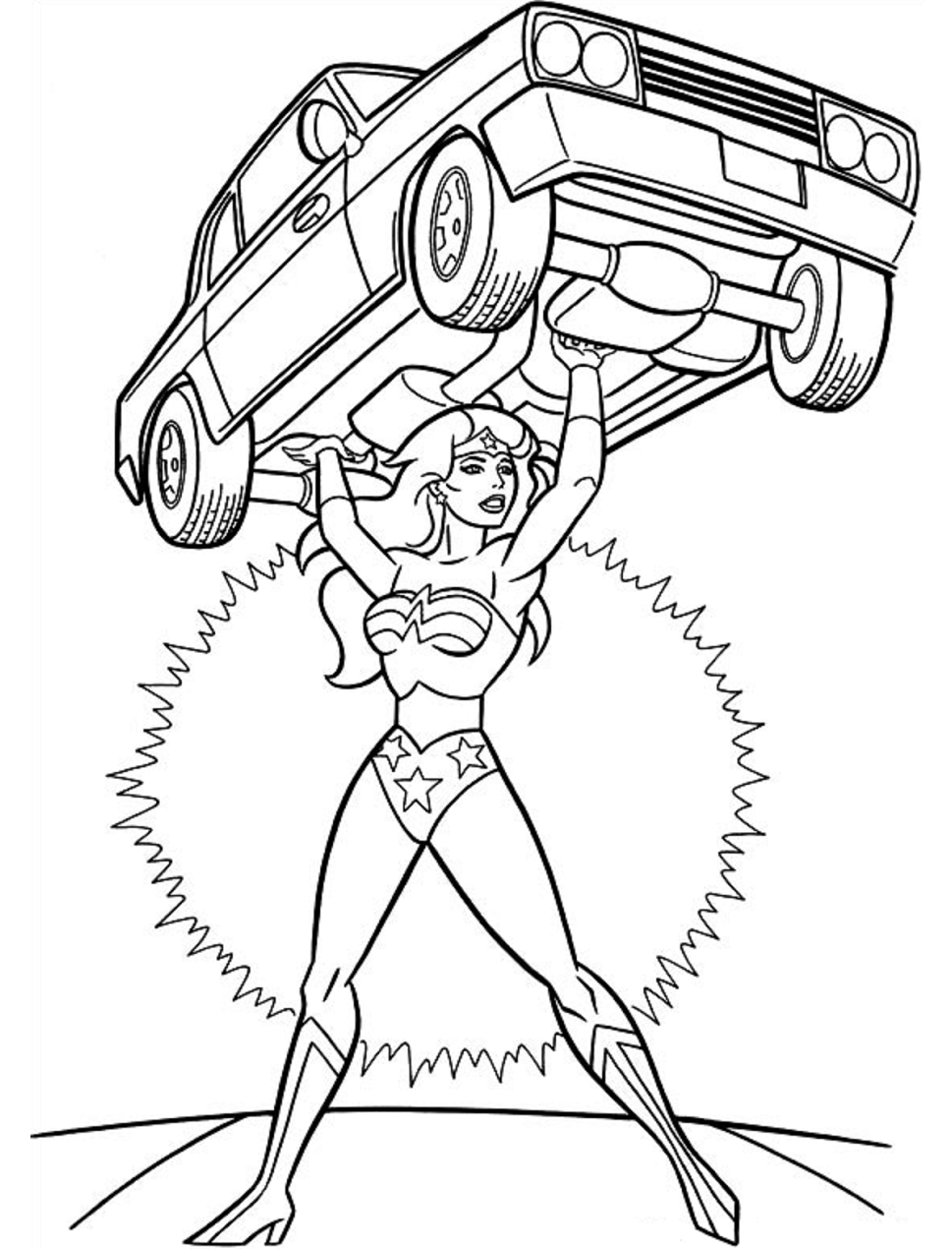 Wonder Woman Lifting A Car Coloring Page