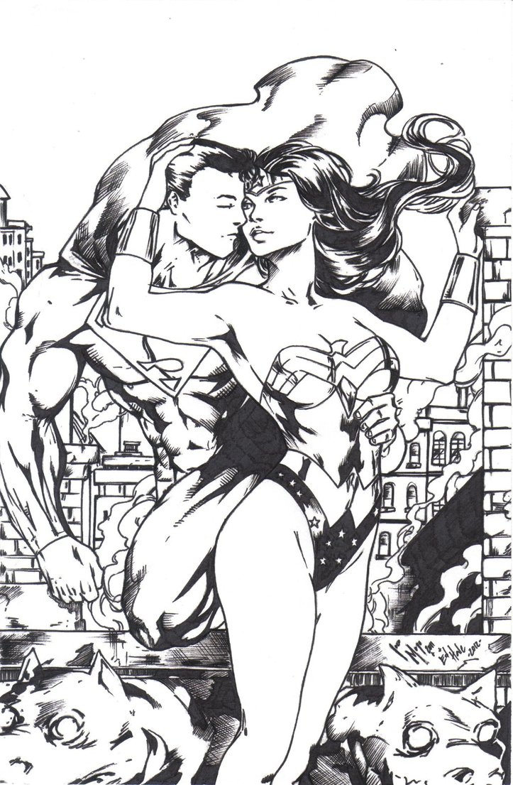 Wonder Woman Sexy Superman Kiss For Adult Coloring Page