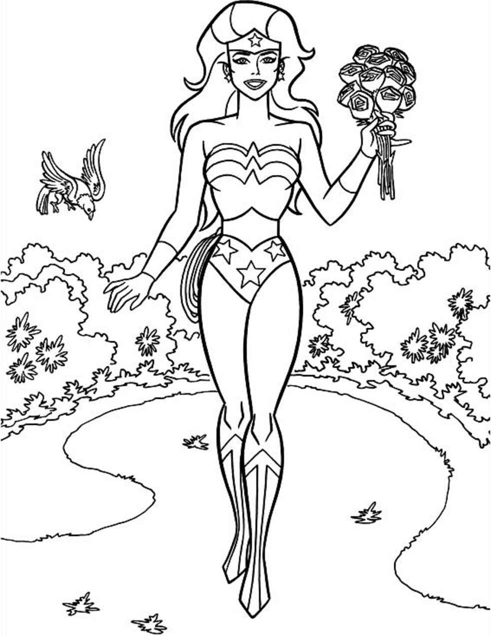 Wonder Woman With Flowers Coloring Page