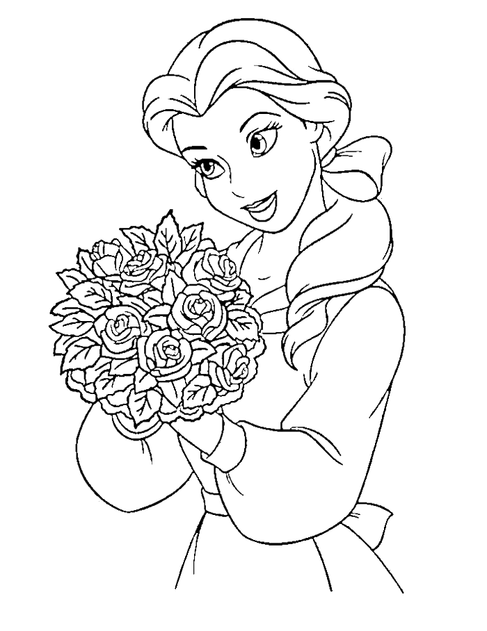 Belle Princess Hold Flower Bouquet Cool Coloring Page