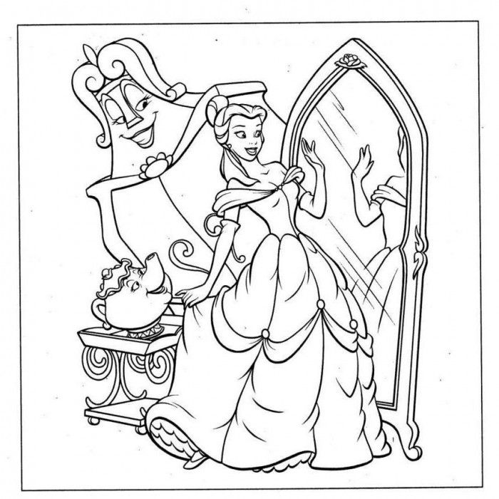 Cool Belle Princess Look At The Mirror Coloring Page