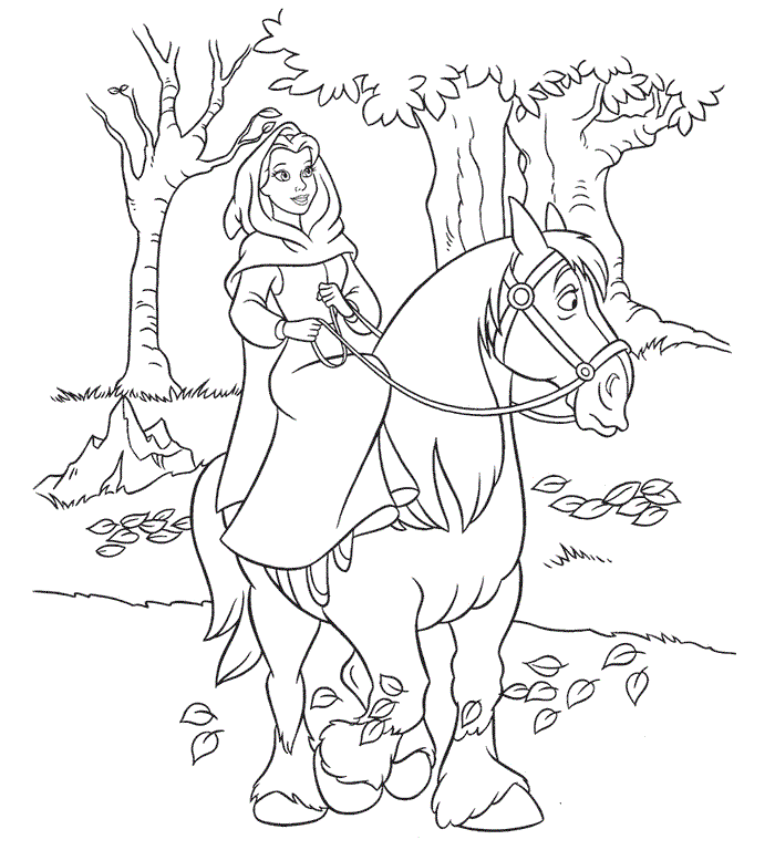 Belle Princess Rides On Horse Cool Coloring Page