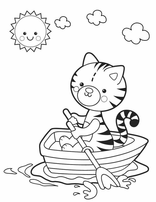 Cat On Boat Cool Coloring Page
