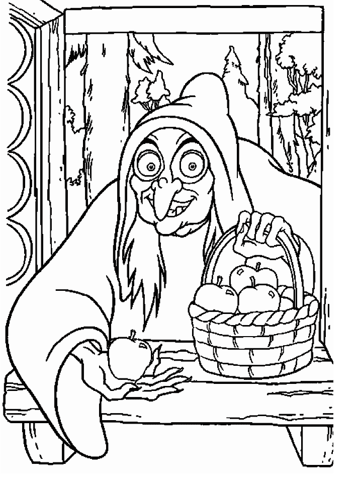 Cool Witch And Apple Basket Coloring Page