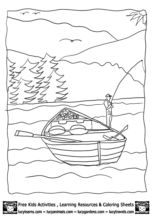 Printable Fishing Boat For Kids Coloring Page