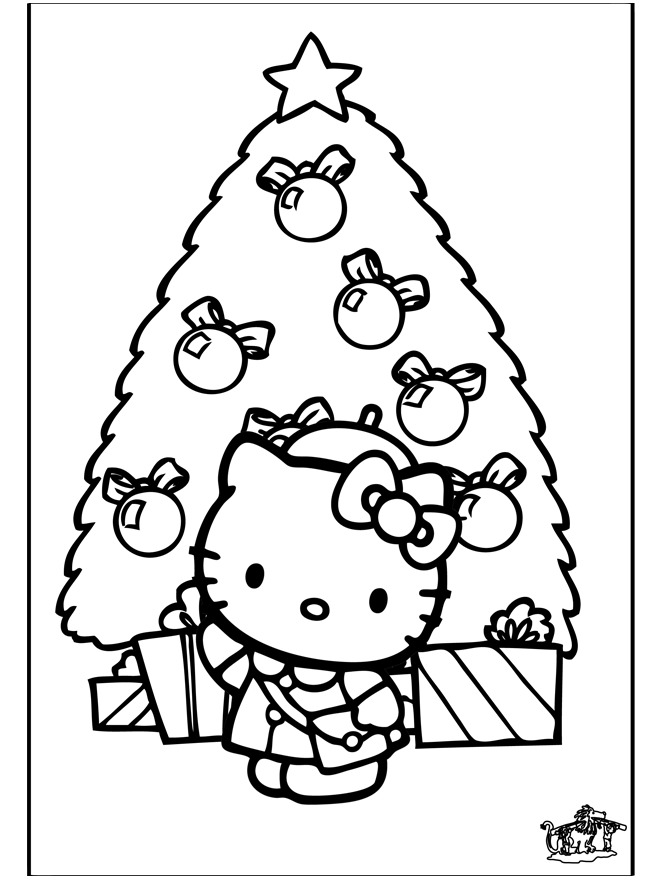 Hello Kitty With Christmas Tree Cool Coloring Page