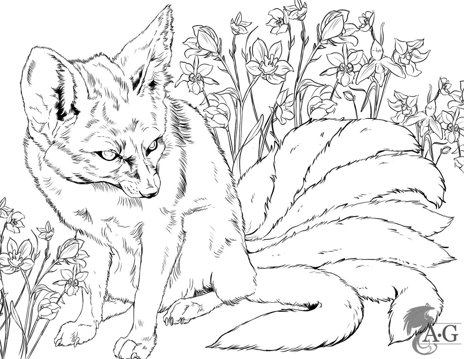 Kitsune 10 For Kids Coloring Page