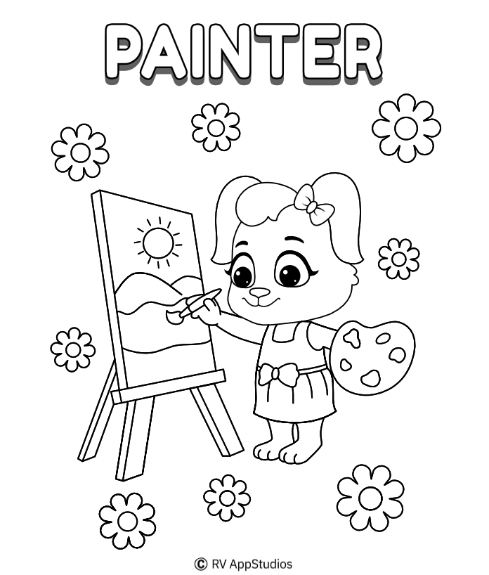 Painter And Flowers For Kids Coloring Page