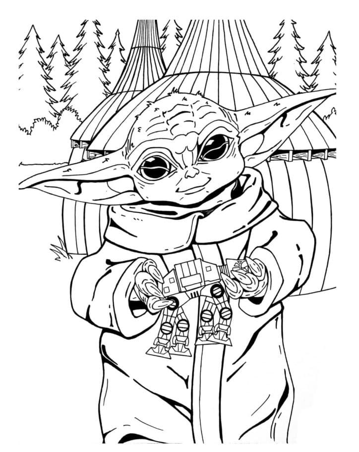 Baby Yoda with Toy Coloring Pages - Coloring Cool