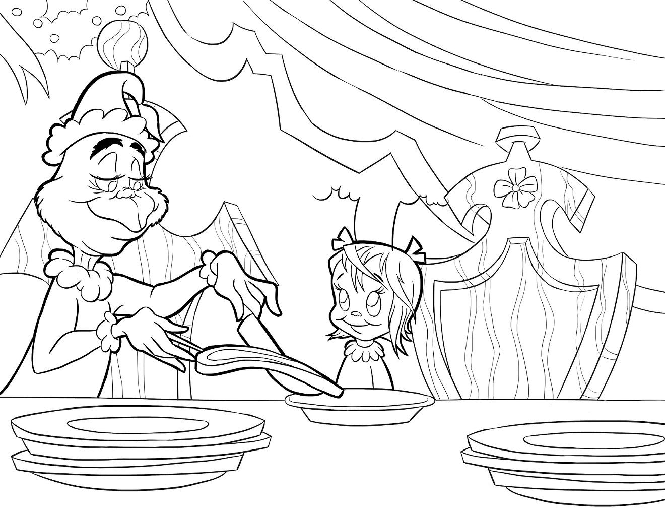 Grinch With Cindy Lou Who Having Dinner Coloring Page