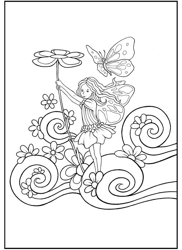 Little Fairy with Flowers and Butterfly Coloring Page