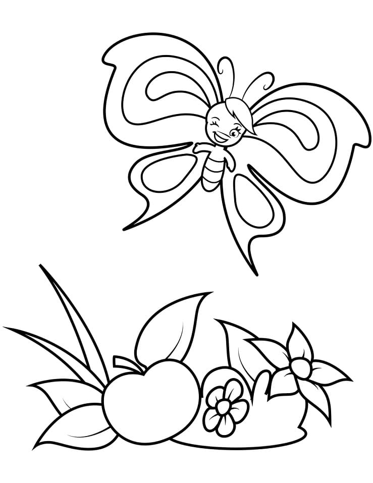 Butterfly and Apple Coloring Page
