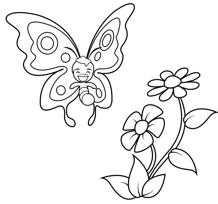 Butterfly and Flowers Coloring Page