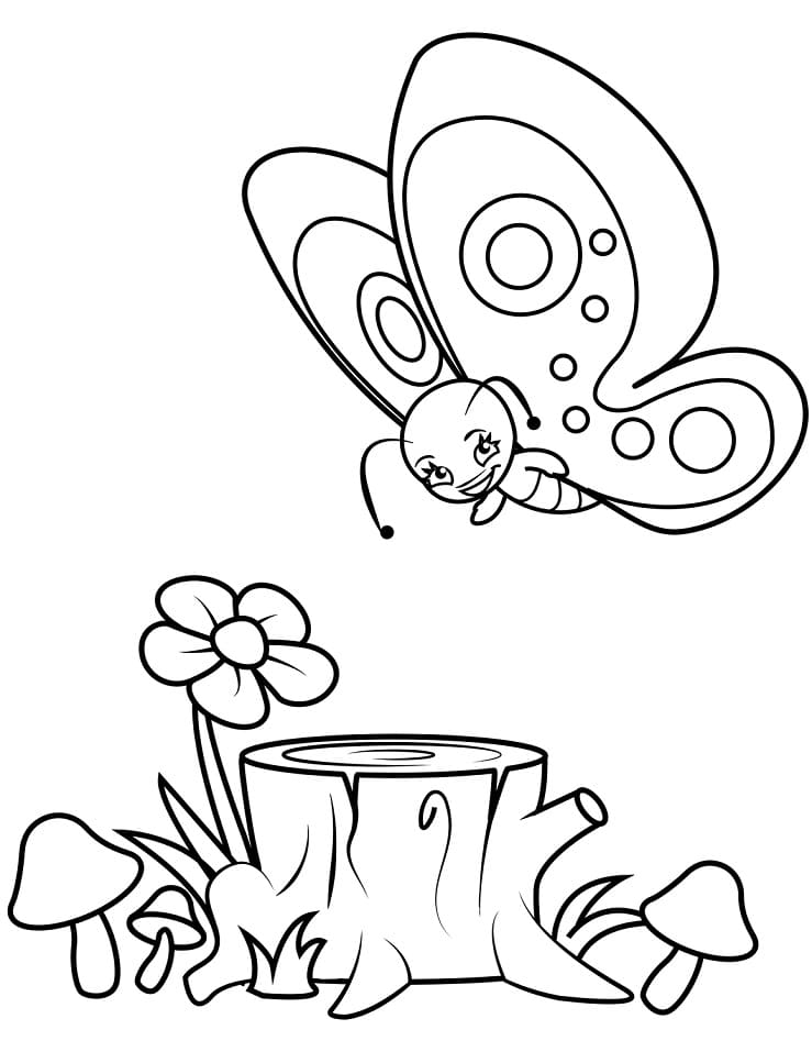 Butterfly and Stump Coloring Page