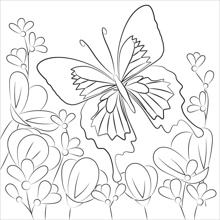 Butterfly in Flowers Garden Coloring Page