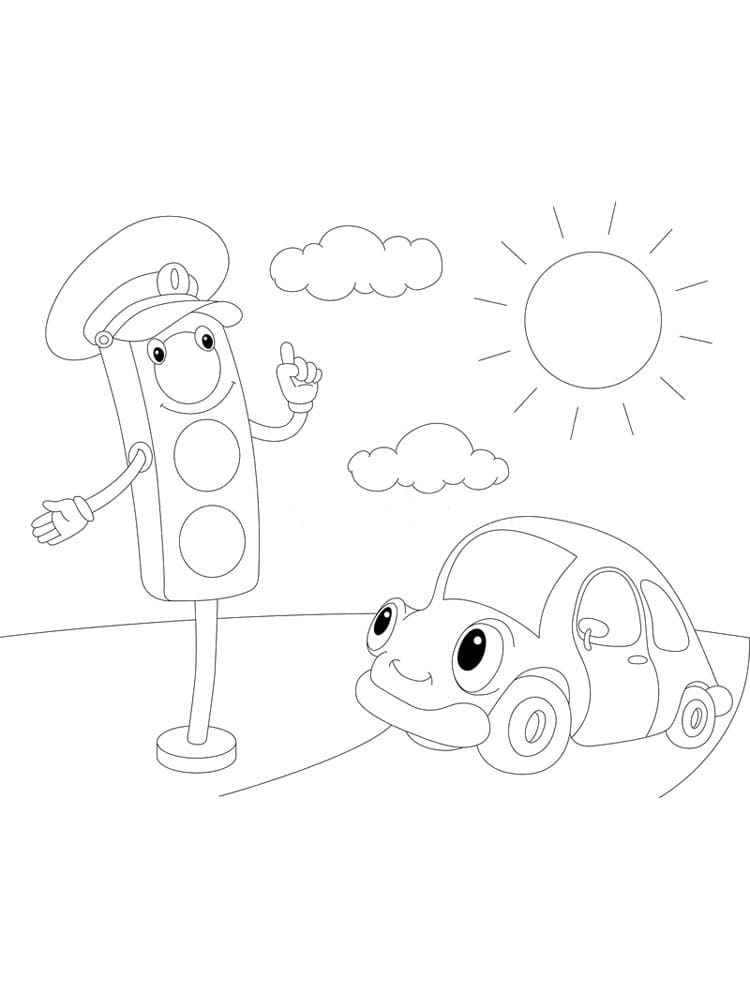 Cartoon Car and Traffic Light