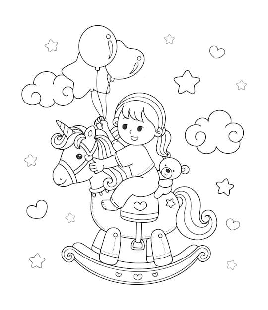Cute Girl and Rocking Horse Coloring Page
