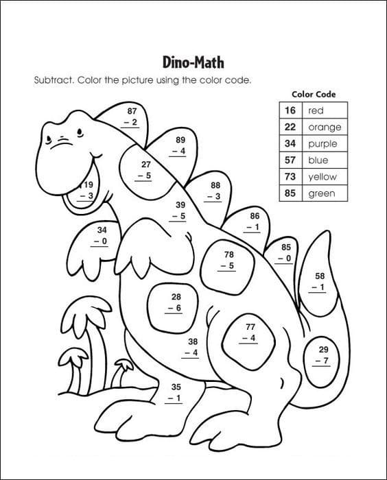 Dinosaur Subtraction Color By Number Coloring Page
