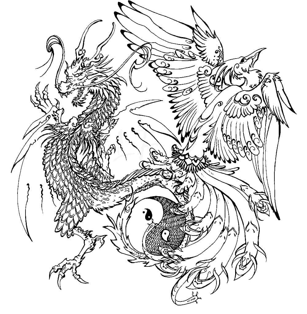 Dragon and Phoenix Coloring Page