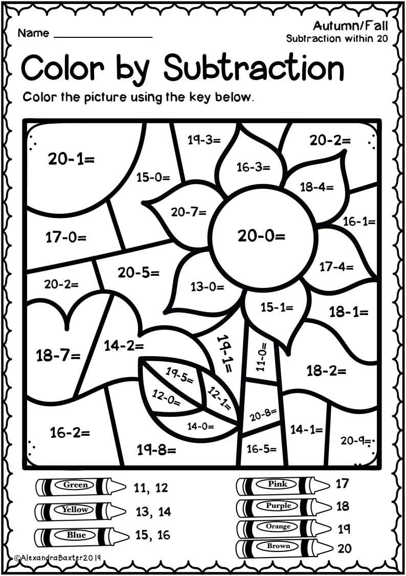 Free Subtraction Color By Number Worksheet Coloring Page