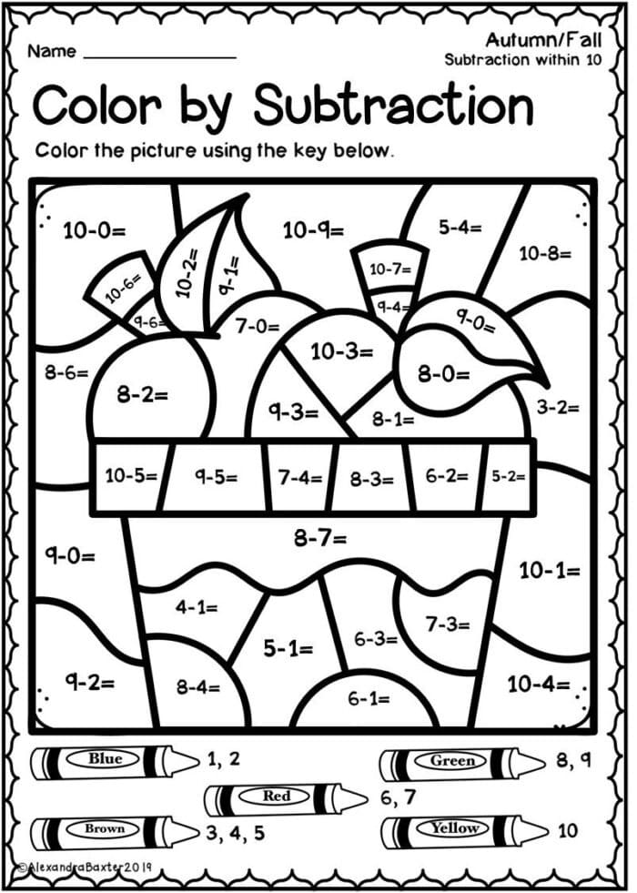 Free Subtraction Color By Number Coloring Page