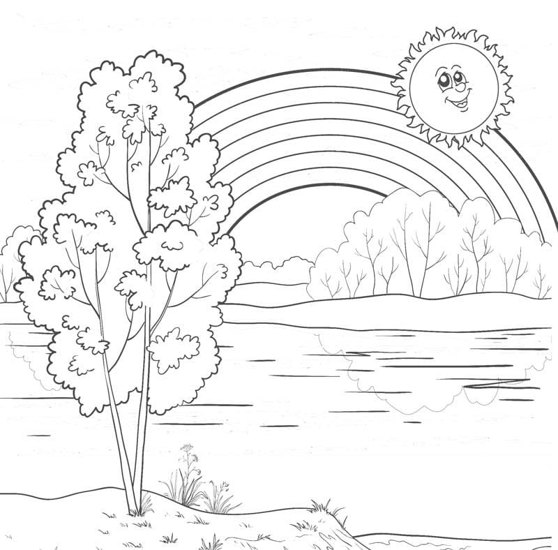 Happy Sun and Rainbow Coloring Page