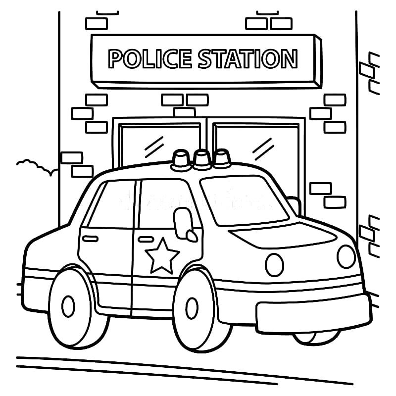 Police Car and Police Station Coloring Page
