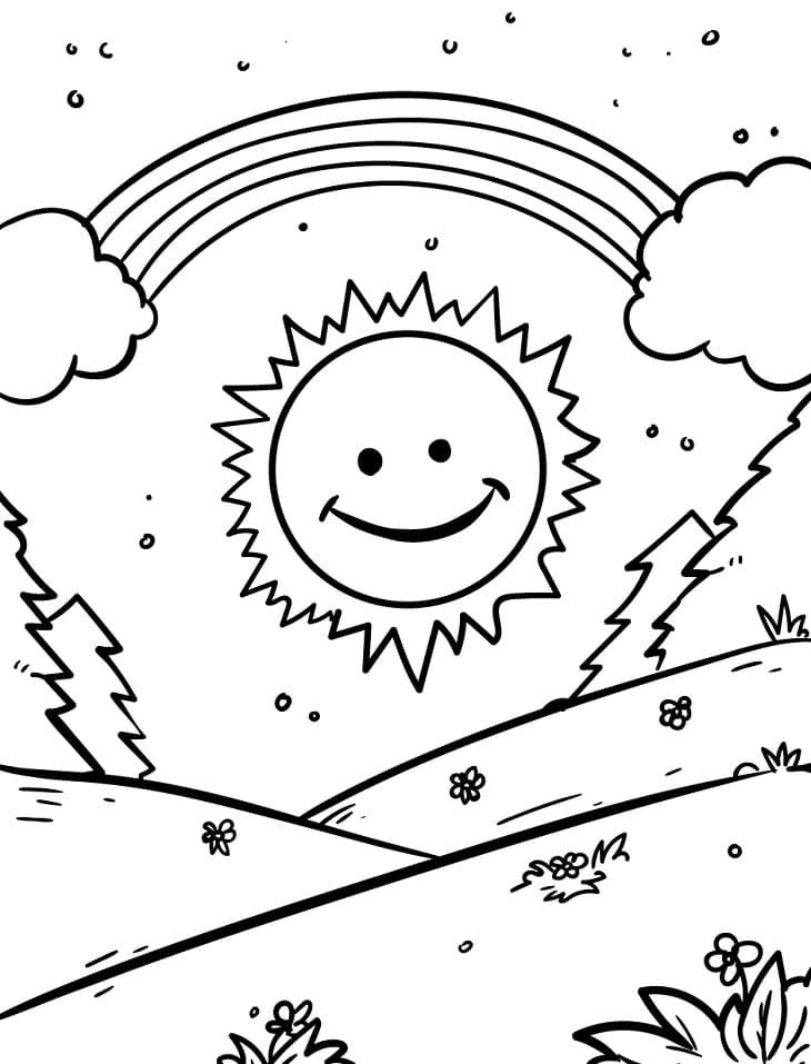 Rainbow with Cute Sun Coloring Page