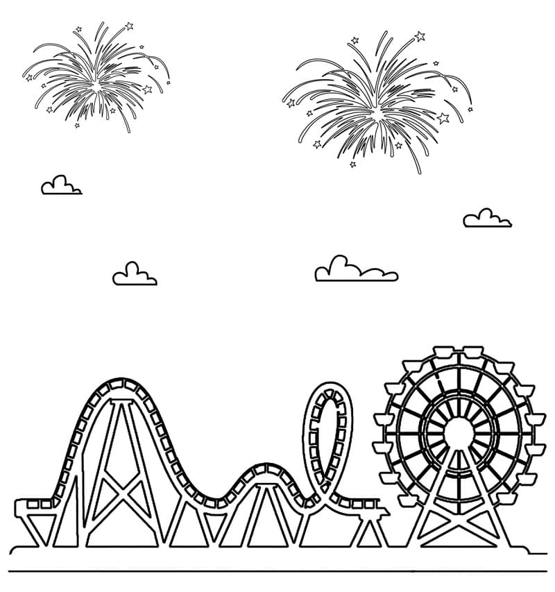 Roller Coaster with Fireworks Coloring Page