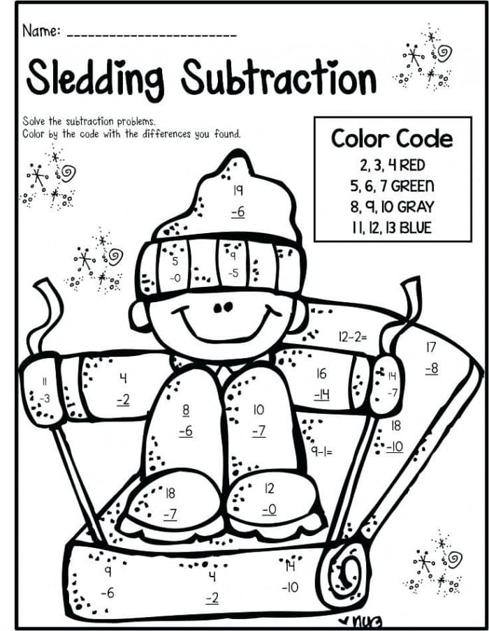 Sledding Subtraction Color By Number Coloring Page
