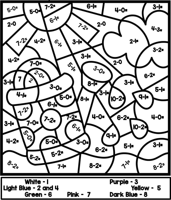 Subtraction Color By Number for Children Coloring Page