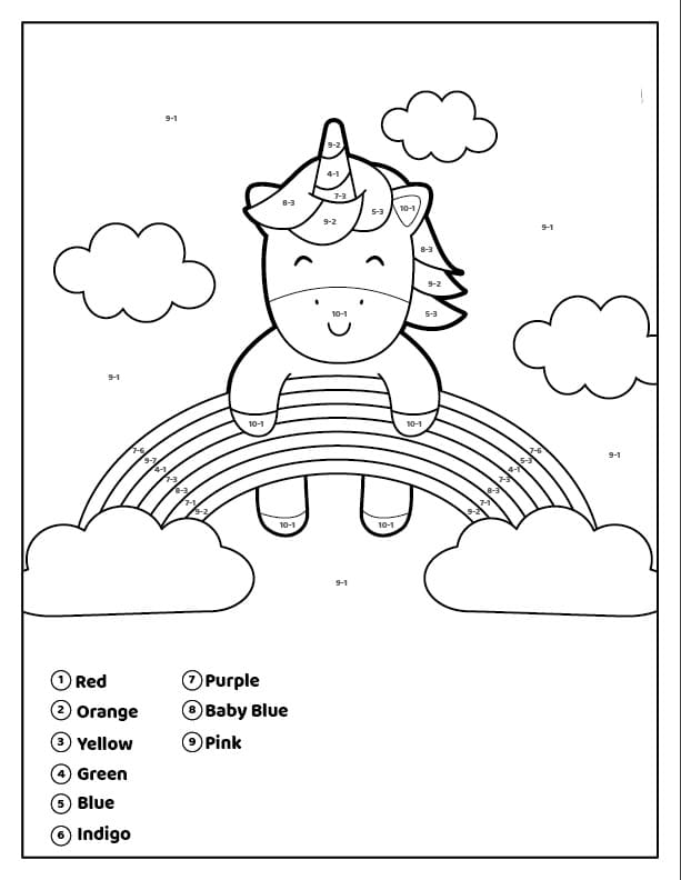 Unicorn Subtraction Color By Number Coloring Page