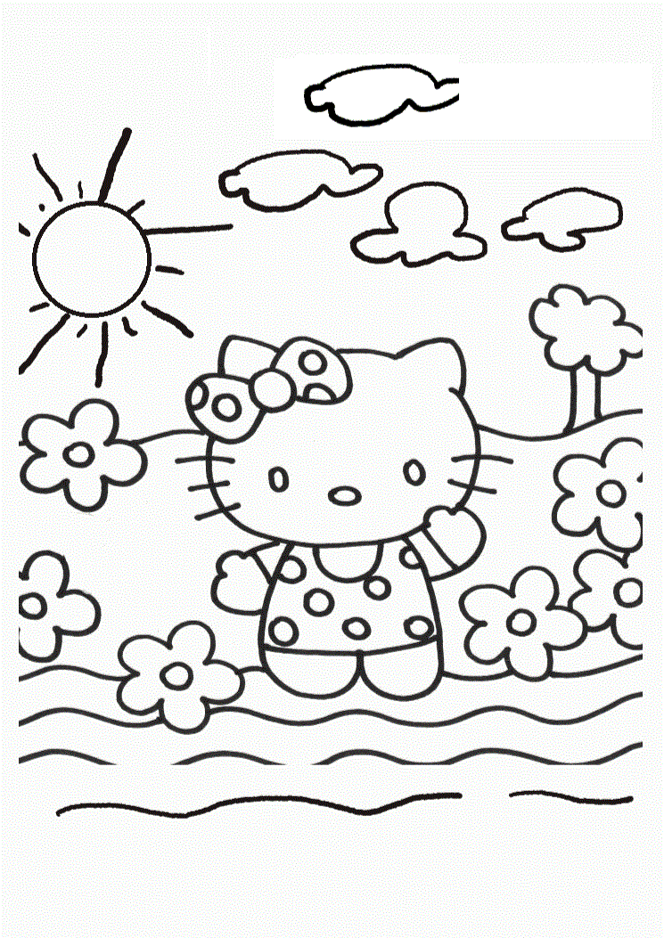 Hello Kitty And Nice Sun For Kids Coloring Page