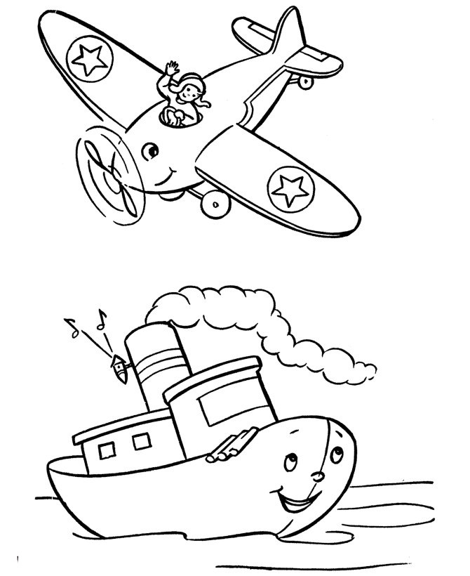 Air Plane And Boat Coloring Page