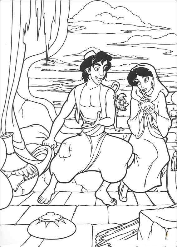 Aladdin And Jasmin Is Sitting Coloring Page