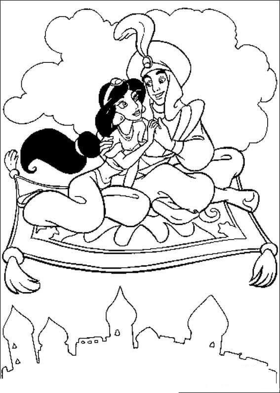 Aladdin Flying On Couple Coloring Page