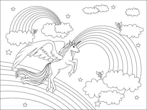 Winged Adult Unicorn And Rainbow Coloring Page