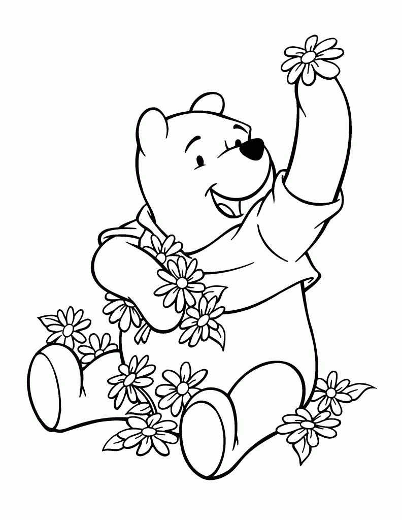 Baby Winnie The Pooh With Nice Flowers Coloring Page