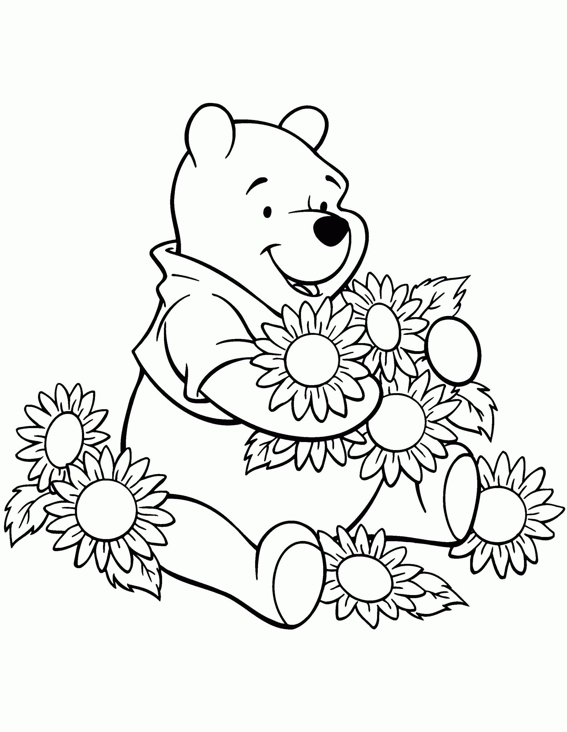 Baby Winnie The Pooh Hold SunFlower Coloring Page